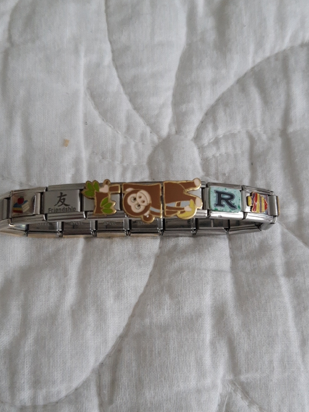 Silver-tone Charm Link Bracelet with Brown Monkey and Multicolor Enamel